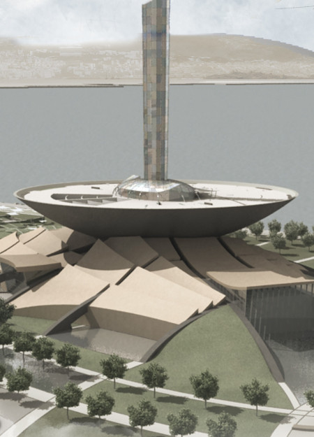 Reflective Glass Clad Tower with Water Harvesting Features at a Central Cultural Hub