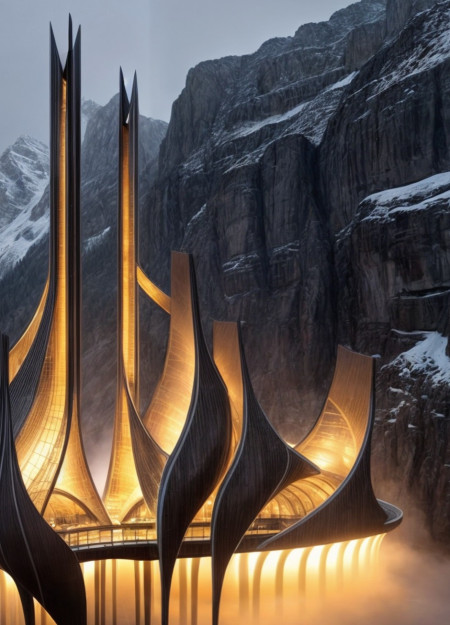 Fluid Geometry and Composite Facade in a Charred Timber Theater Integrating with the Mountain Landscape