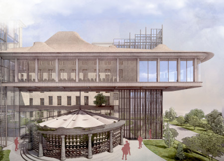 Charred Wood Shingles and Local Stone Form Sustainable Public Space with Integrated Green Roofs