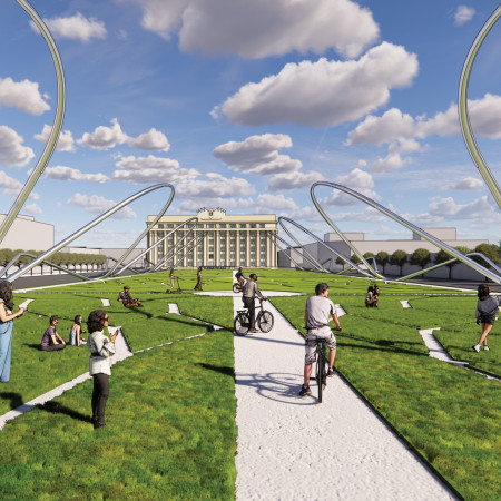 Elevated Public Space Featuring Permeable Paving and Integrated Green Landscaping