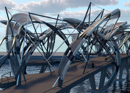 Curvilinear Steel Structure Featuring Cultural Narrative and Dynamic Motion over Water