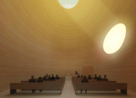 Circular Reflections Enhanced by Natural Light and Charred Wooden Shingles in a Cemetery Setting