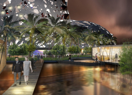 Fluid Dome Structure Integrating Water Features and Composite Materials in Luxury Hospitality