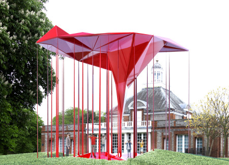 Transparent Acrylic Pavilion Supported by Red Steel Columns for Cultural Engagement