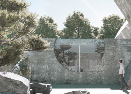 Concrete Shelter with Water Basin and Spiral Access in a Hillside Setting