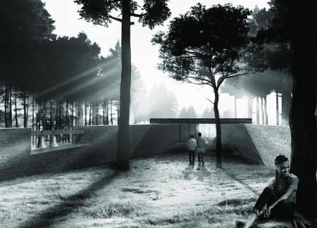 Charred Wooden Shingles and Exposed Brick Form a Harmonious Community Retreat in Natural Surroundings