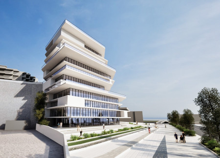 Cantilevered Glazing and Natural Stone Elevate a Flexible Workspace in an Urban Setting