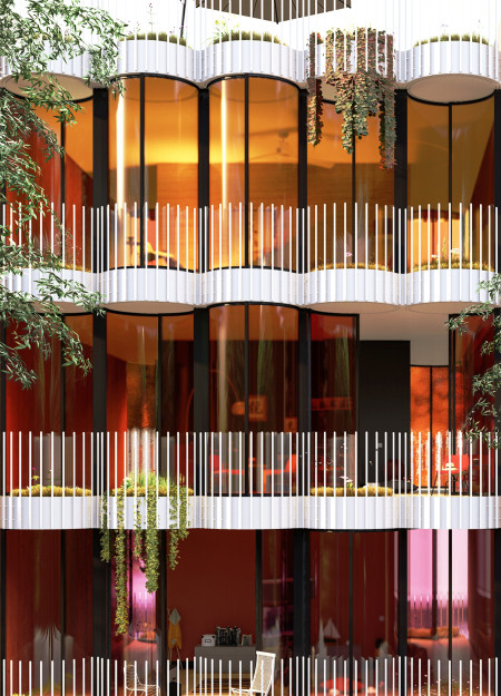 Kinetic Glass Facade with Circular Green Balconies Enhancing Urban Living