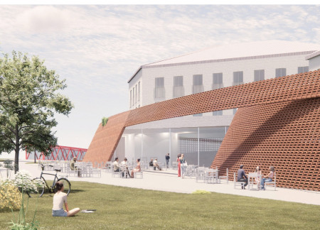 Sculptural Terracotta Overhangs Define a Multifunctional Community Hub