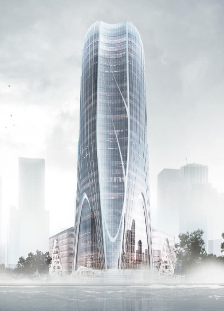 Vertical Farming Integrated with Glass Facade and Natural Stone in a Mixed-Use Urban Tower