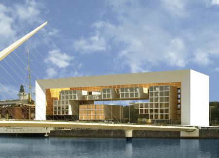 Suspended Exhibition Spaces Featuring Shipping Containers and Reclaimed Wood Along the Riverfront