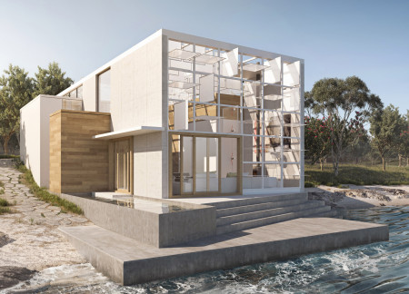 Charred Wooden Shingles Enveloped in Concrete Across a Sloped Site