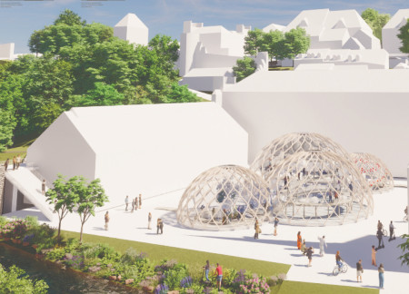 Translucent Glass Pavilions Embracing Charred Wooden Shingles for Community Engagement