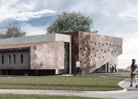 Textured Brick Facade Combined with Expansive Glass Elements in a Community-Centric Cultural Hub