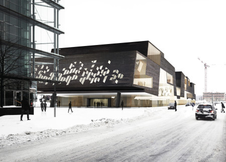 Cantilevered Form Wrapped in Glass and Natural Timber Creating a Transparent Community Hub