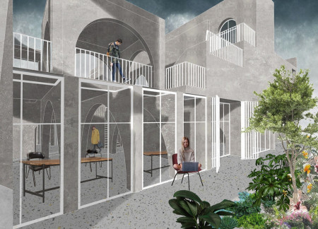 Charred Wooden Shingles and Cross-Laminated Timber Panels in Adaptive Community Spaces