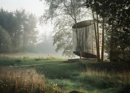 Reclaimed Wood Pavilion with Integrated Insect Habitats Amidst Natural Landscapes
