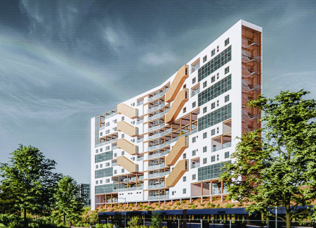 Charred Wooden Shingles Complementing Modular Living Units in Urban Infill Design