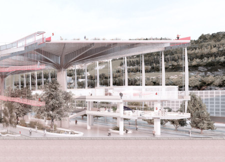 Curved Roof Structure Featuring Steel Beams and Transparent Glass for Community Interaction