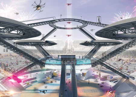 Elevated Drone Hub Featuring Steel Framework and Transparent Facades in a Historic Arena