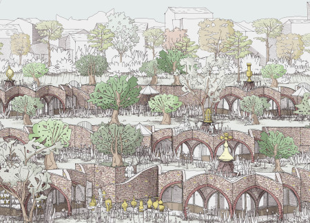 Charred Wooden Shingles and Community Gardens in a Harmonious Landscape Setting