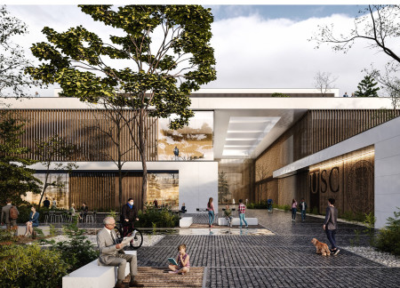 Charred Wooden Shingles and Natural Stone Integrate Seamlessly in a Health-Oriented Community Hub