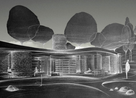 Cylindrical Structure Utilizing Stone and Glass for Enhanced Environmental Education