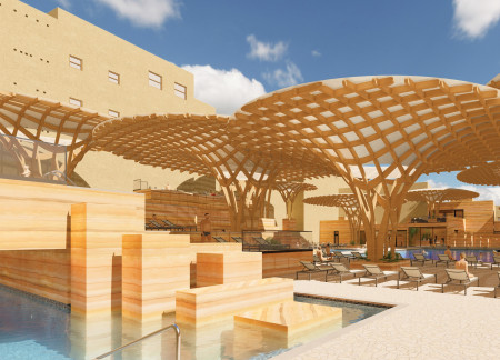 Canopy Structure Enhances Community Space with Local Stone and Sustainable Wood
