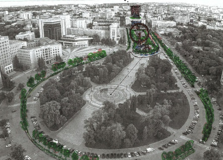 Reflective Pool Surrounded by Sustainable Materials in a Revitalized Urban Hub