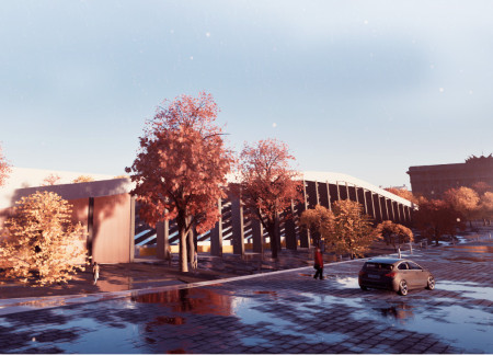 Curvilinear Gatherings Under Glass Canopies with Sustainable Concrete and Paver Integration