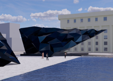 Reflective Water Features and Angular Forms Enhanced by Modular Steel and Glass in a Community Hub
