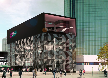 Reflective Facade and Natural Stone Integrate Urban Retail Experience