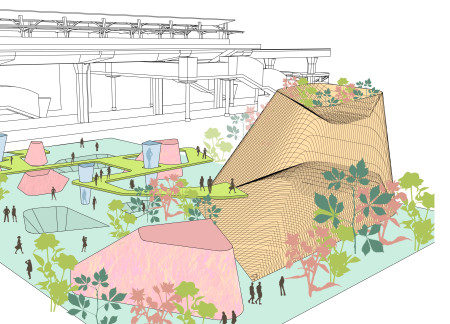 Elevated Public Runway Constructed with Textiles and Sustainable Materials in a Dynamic Urban Fashion Hub