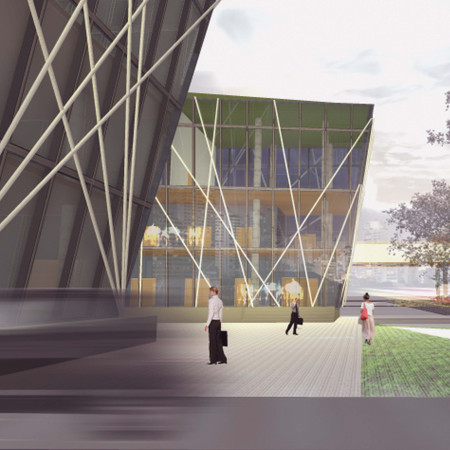 Geometric Glass Facade with Integrated Green Roof and Steel Framework in a Fashion-Centric Community Hub