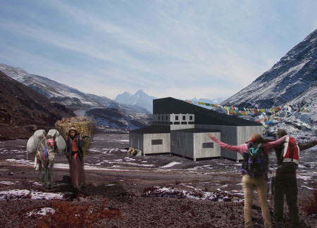 Cave-Like Retreat Constructed with Galvanized Steel and Wood Panels in the Himalayan Landscape