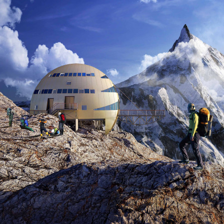 Golden-Reflective Geodesic Structure Featuring High-Performance Insulated Panels in the Himalayan Landscape