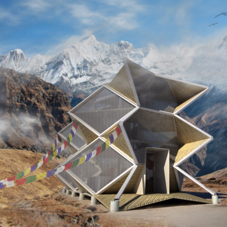 Bamboo-Frame Retreat Featuring Glass Integration for Himalayan Trekkers