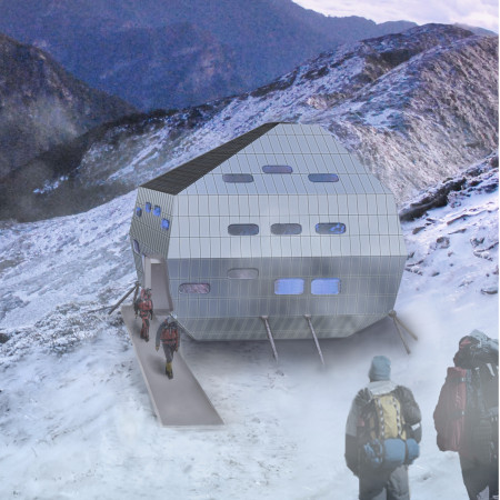 Sustainable Mountain Refuge Featuring Aluminum Cladding and Elevated Timber Framework