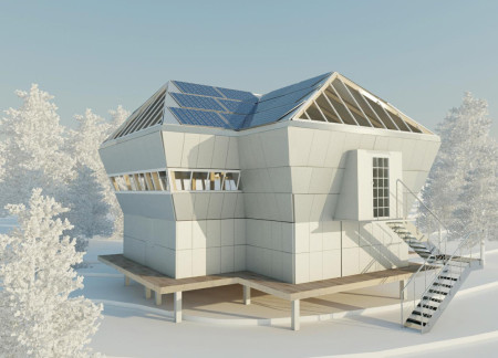 Stained Glass Facade Enveloping Elevated Wooden Structure in Himalayan Wilderness