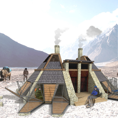 Retractable Sleeping Pods Crafted from Local Stone and Wood for Seasonal Shelter in High Altitudes