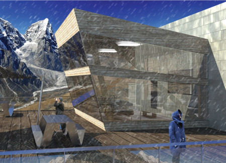 Terraced Shelter of Local Stone and Timber for Climbers in a Mountainous Landscape