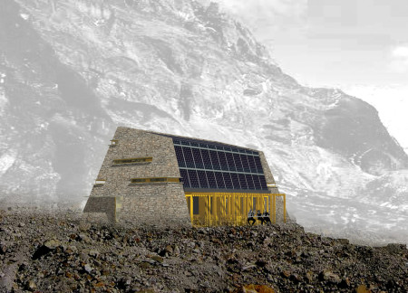Sloping Roof Structure Crafted from Natural Stone and Timber for Sustainable Mountain Shelter
