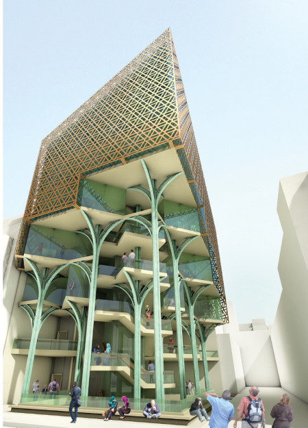 Lattice-Clad Repository Featuring Transparent Glazing and Vertical Spaces for Community Engagement