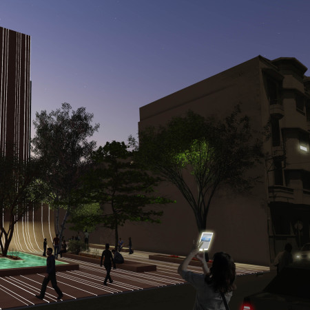 Augmented Reality Experience Enhanced by Charred Wood and Concrete Integration in a Cultural Library Space