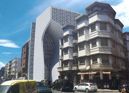 Memorial Wall of Engraved History with Textured Concrete and Glass Facade in Casablanca Library