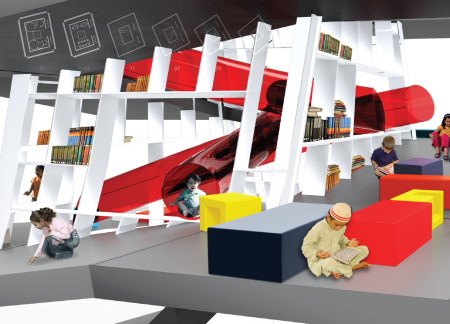 Spiral Form Featuring Orange Glass and Flexible Space for Youth Learning