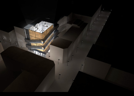 Cantilevered Concrete Structure with Transparent Glass Blocks Enhances Urban Community Engagement