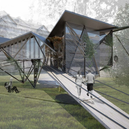 Elevated Living with Transparent Glass and Steel Frameworks Integrated into Urban Greenery