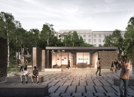 Saline Mist Towers Crafted from Weathered Steel and Glass in a Community Center Setting