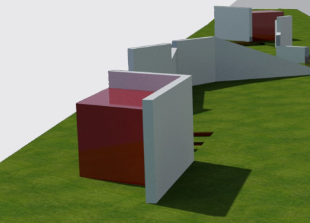 Red Concrete and Birch Parquet Unite in a Symbolic Space for Community Reflection